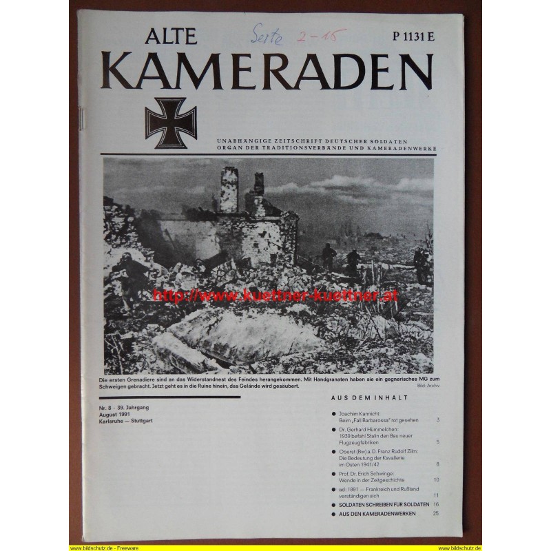 Alte Kameraden - Zeitschrift Deutscher Soldaten Nr. 8 - 1991