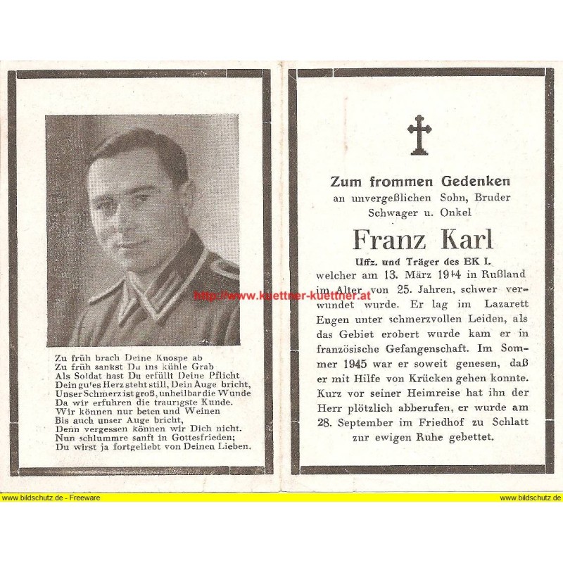 Sterbebildchen / death card WW2 - F. Karl - Uffz. und Träger des EK I.