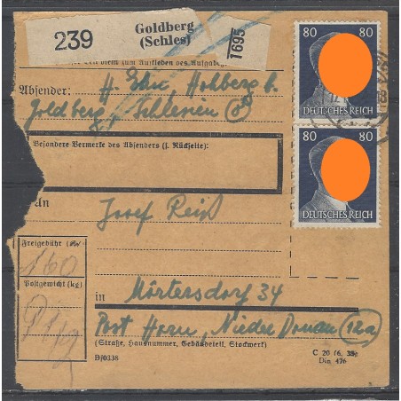 Paketkarte Goldberg (Schles) nach Mörtersdorf, Post Horn