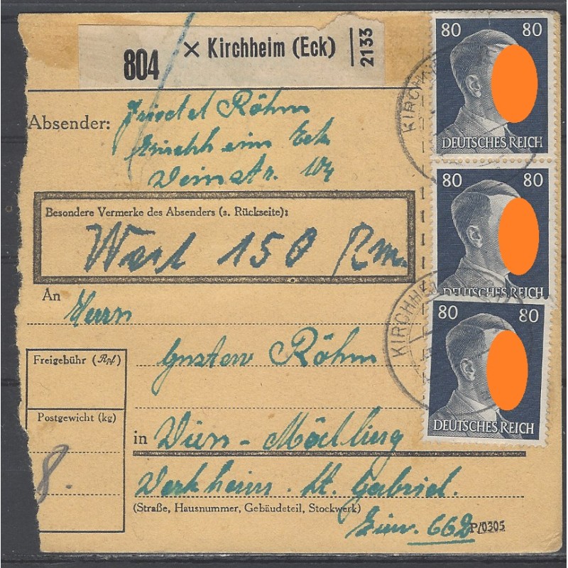 Paketkarte Kirchheim (Eck) nach Wien-Mödling