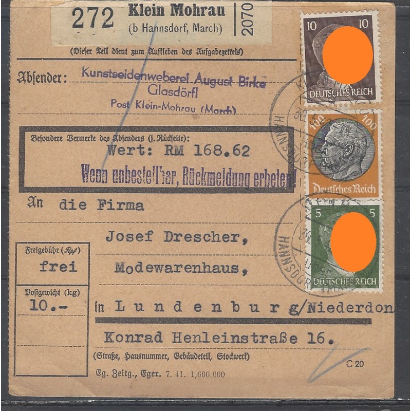 Paketkarte Klein Mohrau (b. Hannsdorf) nach Lundenburg, ND