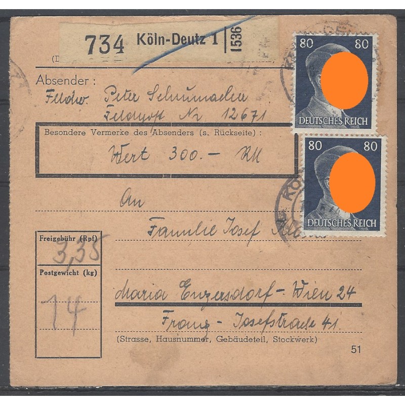 Paketkarte Köln-Deutz nach Wien, Maria-Enzersdorf