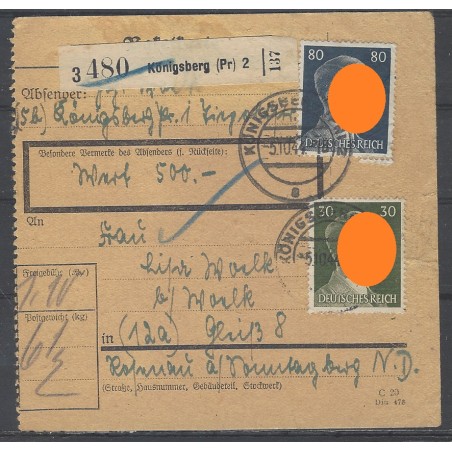 Paketkarte Königsberg (Pr.) nach Rosenau a. Sonntagsberg