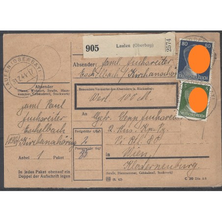 Paketkarte Laufen nach Wien, Klosterneuburg, Pz. Pi. Batl. 80