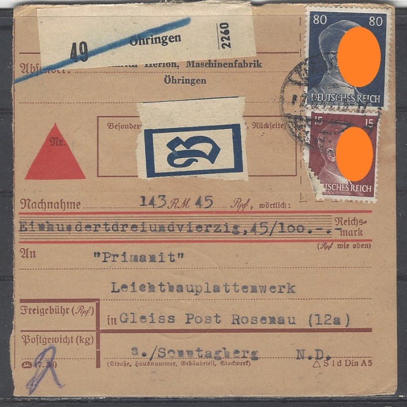 Paketkarte Öhringen nach Gleiss Post Rosenau, ND