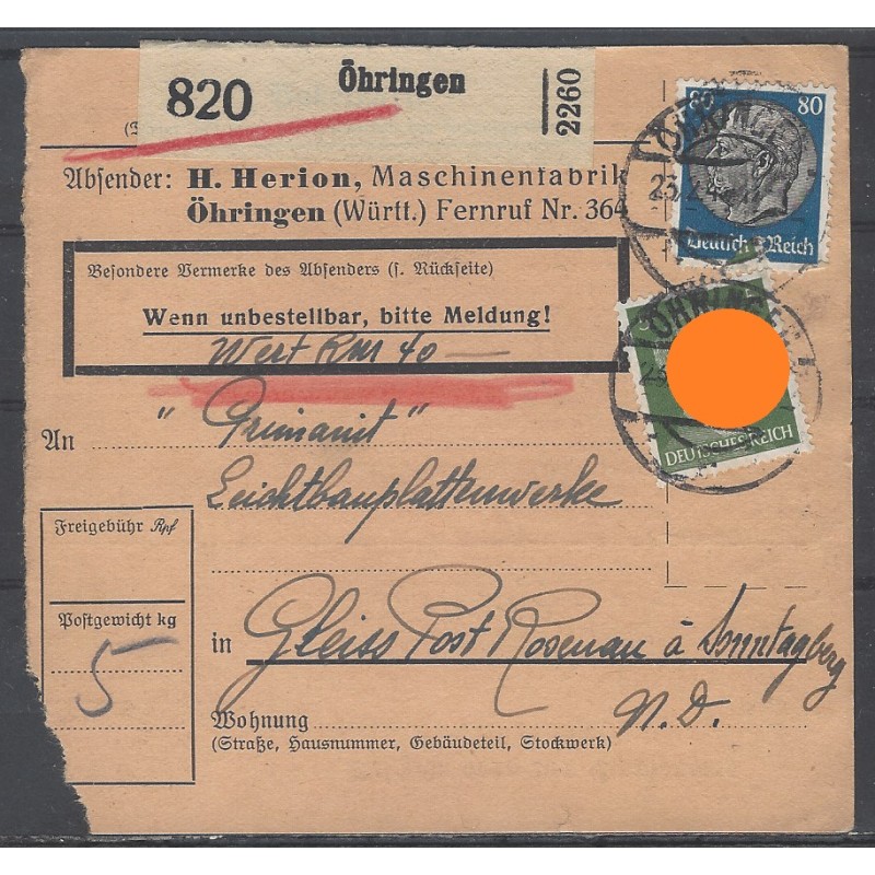 Paketkarte Öhringen nach Gleiss, Post Rosenau