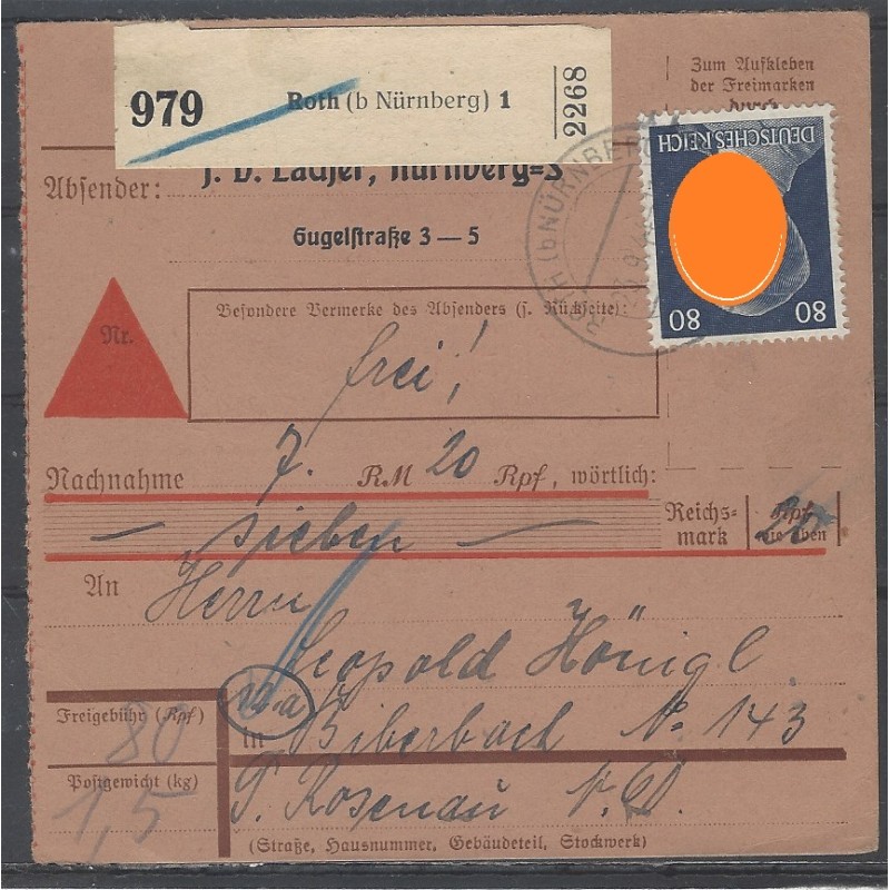 Paketkarte Roth (b. Nürnberg) nach Biberbach, Post Rosenau