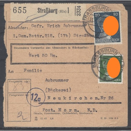 Paketkarte Straßburg, Gefr. des 1.Gen.Battr.215 nach Neukirchen