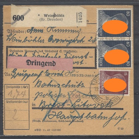 Paketkarte Weinsböhla (Bz. Dresden) nach Brest-Litowsk