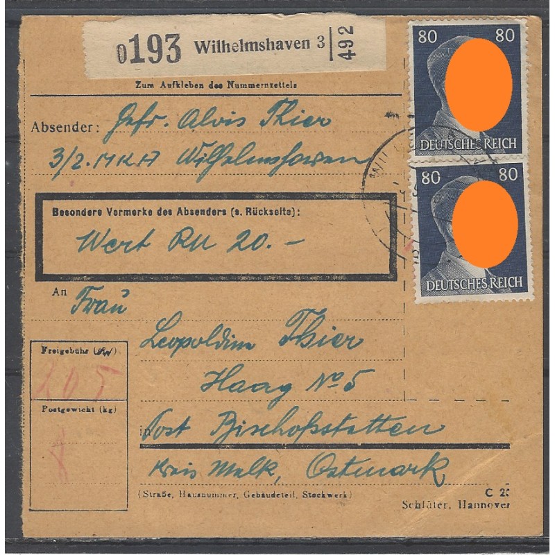 Paketkarte Wilhelmshaven nach Bischofstetten, Ostmark