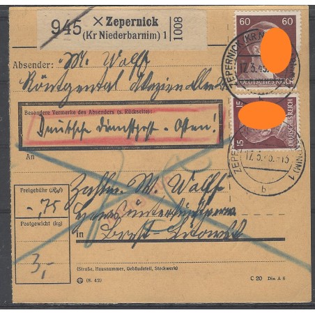 Paketkarte Zepernick nach Brest-Litowsk, Ukraine